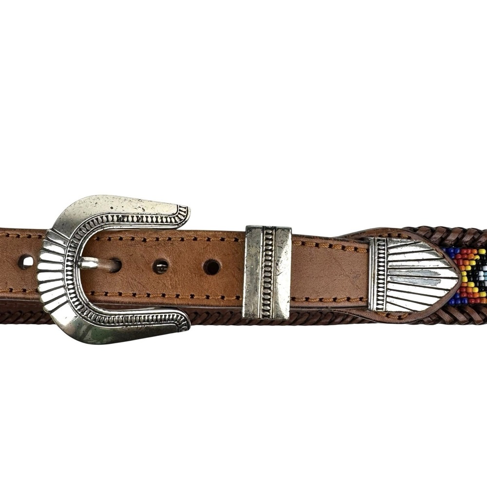 Vintage 90's South Western Beaded Brown Leather Belt 37.5" Native American Aztec - Picture 3 of 13